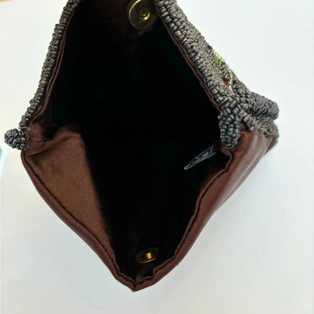 Vintage A Brod Floral Beaded Embroidered Small Shoulder Bag Purse Brown/Black
